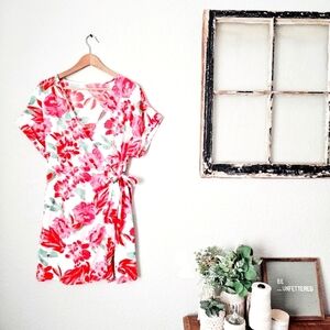Bright Floral Wrap Mini Dress Kimono Silky Side Tie Lined Skirt Size Large NEW